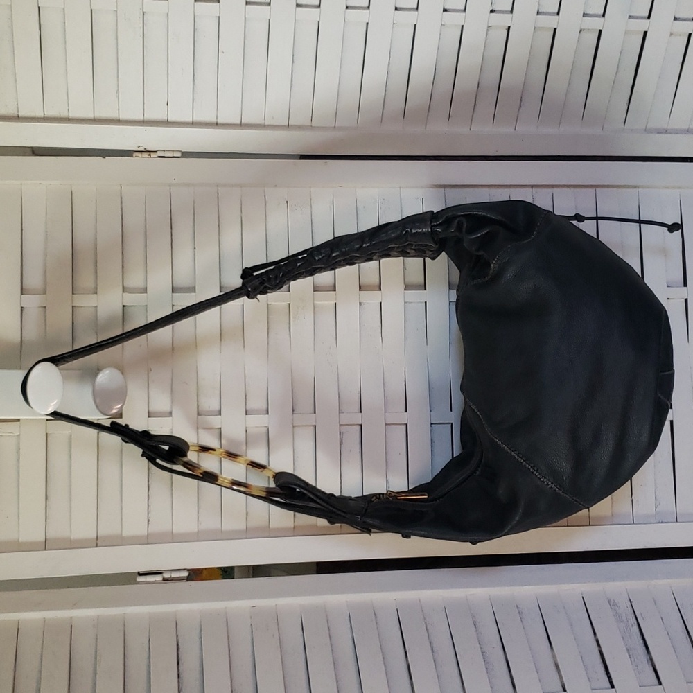 Agatha Blois Black Distress Leathet Shoulder Bag with Tortoiseshell Accent